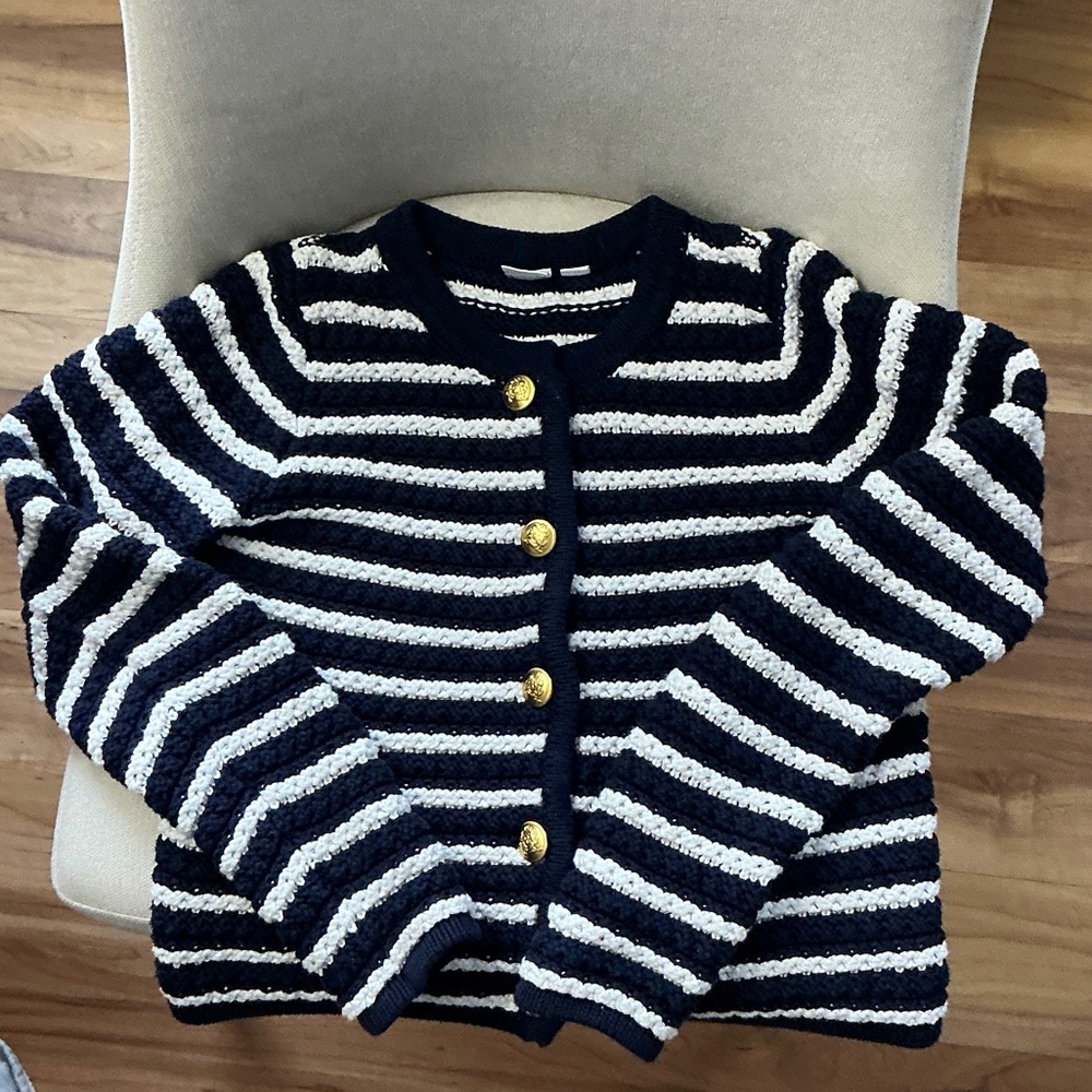 GAP Cropped Striped Navy and White Cardigan with Gold Buttons